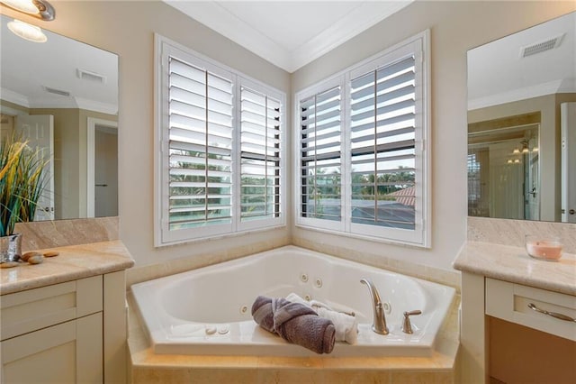 bathroom featuring vanity, tiled bath, and ornamental molding