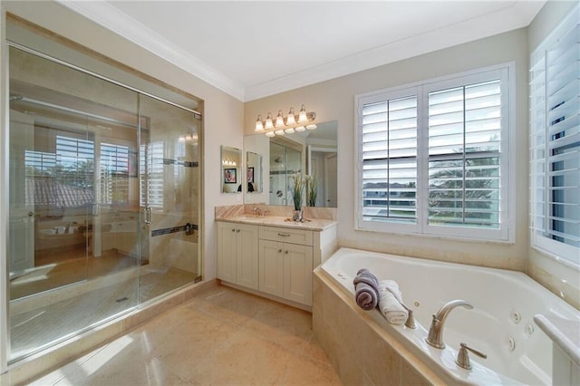 bathroom featuring vanity, tile patterned flooring, plus walk in shower, and ornamental molding