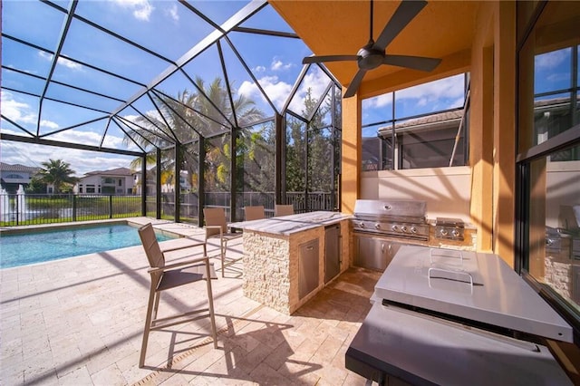 view of patio / terrace featuring a fenced in pool, area for grilling, ceiling fan, and a lanai