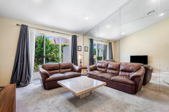 living room with vaulted ceiling, light carpet, and a textured ceiling