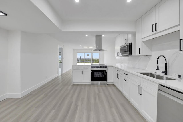 kitchen featuring light wood-style flooring, island range hood, a sink, appliances with stainless steel finishes, and backsplash