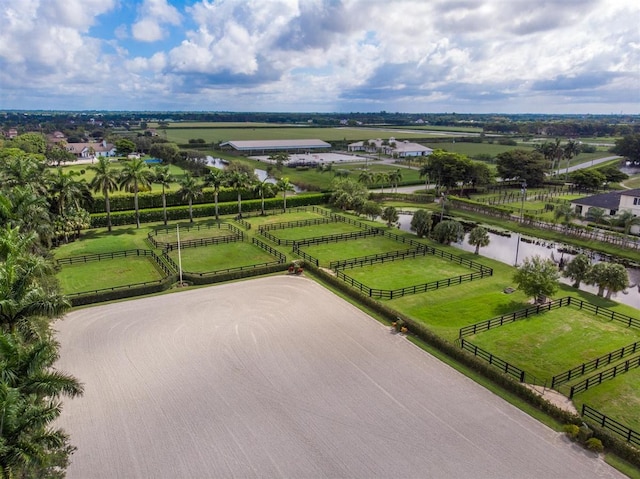 aerial view featuring a water view and a rural view