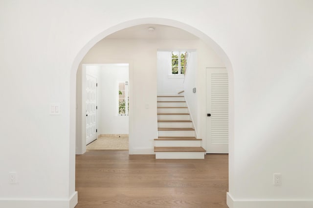 stairway featuring hardwood / wood-style flooring