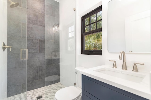 bathroom featuring vanity, toilet, and a shower with door