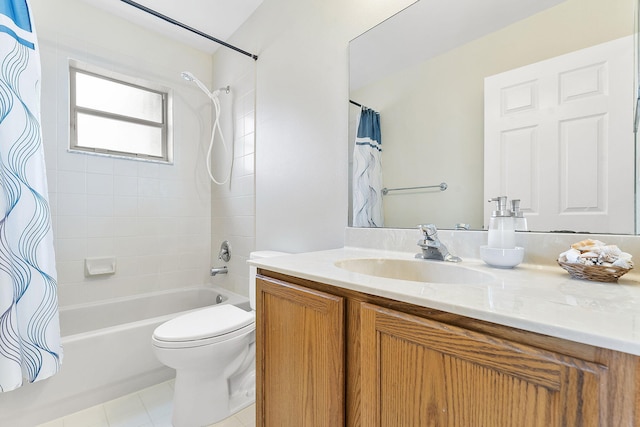 full bathroom featuring shower / tub combo, vanity, and toilet