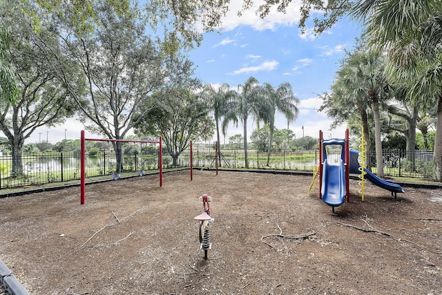 view of playground featuring a water view