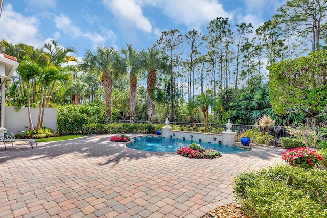 view of pool featuring pool water feature and a patio area