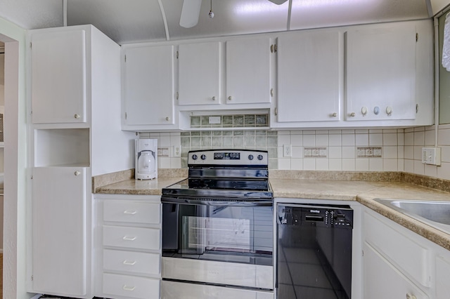 kitchen featuring dishwasher, white cabinetry, and stainless steel range with electric cooktop