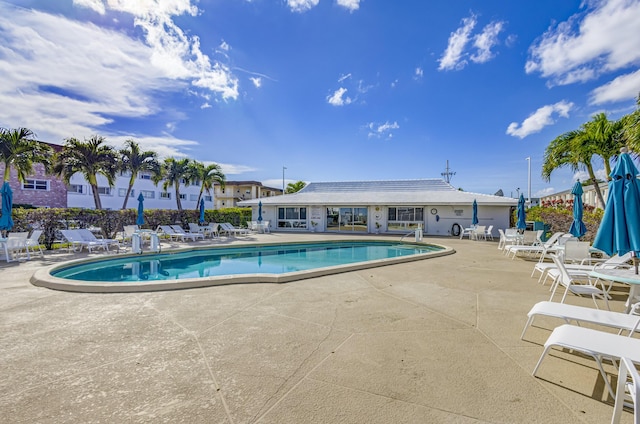 view of swimming pool featuring a patio area