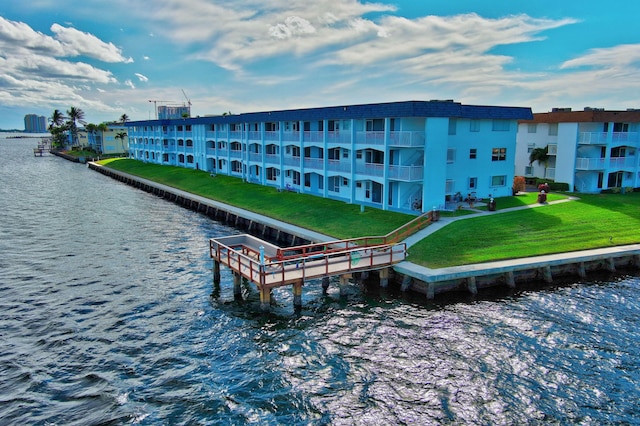 exterior space with a water view