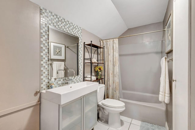 full bathroom with decorative backsplash, vanity, shower / bath combo with shower curtain, tile patterned flooring, and toilet