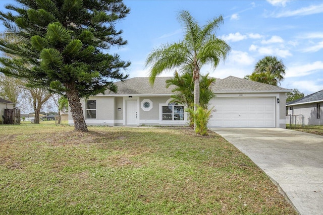 ranch-style home with a garage and a front lawn