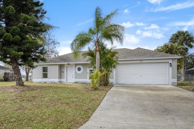 ranch-style house with a garage and a front yard