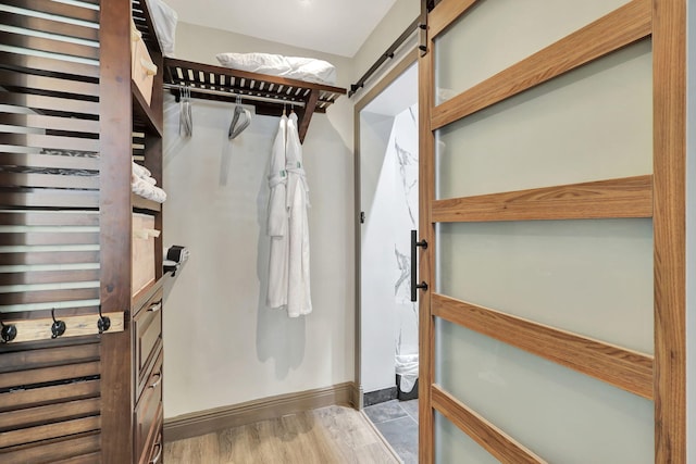 walk in closet with wood-type flooring and a barn door