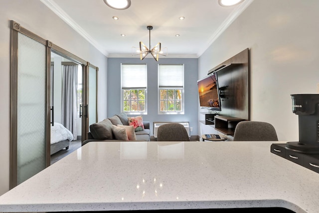 home office with a chandelier and ornamental molding