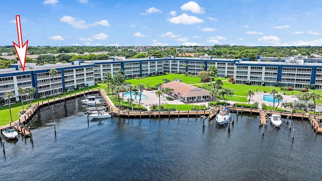 bird's eye view featuring a water view