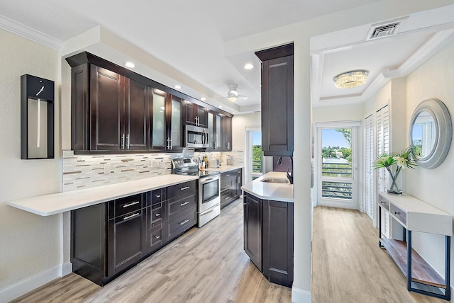 kitchen with backsplash, light hardwood / wood-style flooring, ceiling fan, dark brown cabinetry, and stainless steel appliances