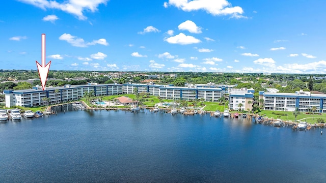 drone / aerial view with a water view