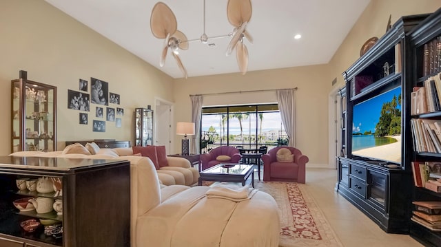 living room featuring lofted ceiling