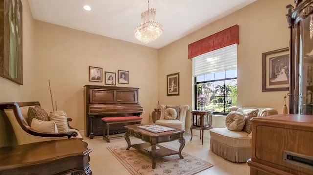 living area featuring an inviting chandelier