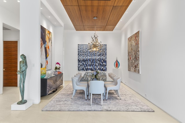 dining room with a towering ceiling, wood ceiling, and a notable chandelier