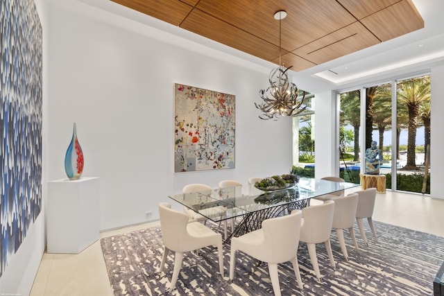 dining area featuring a notable chandelier, expansive windows, a raised ceiling, and wooden ceiling