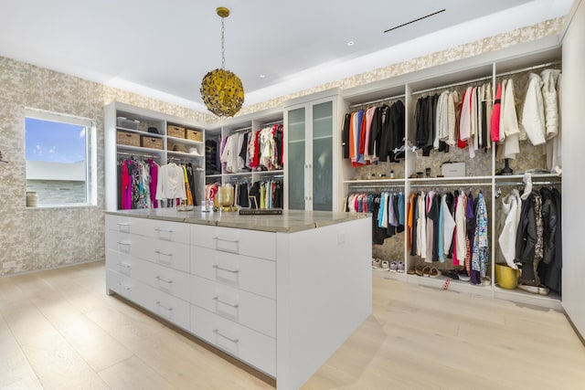 walk in closet with light hardwood / wood-style flooring