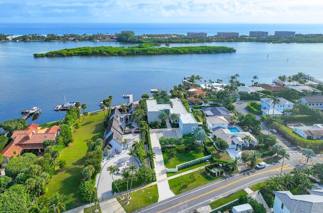 drone / aerial view with a water view