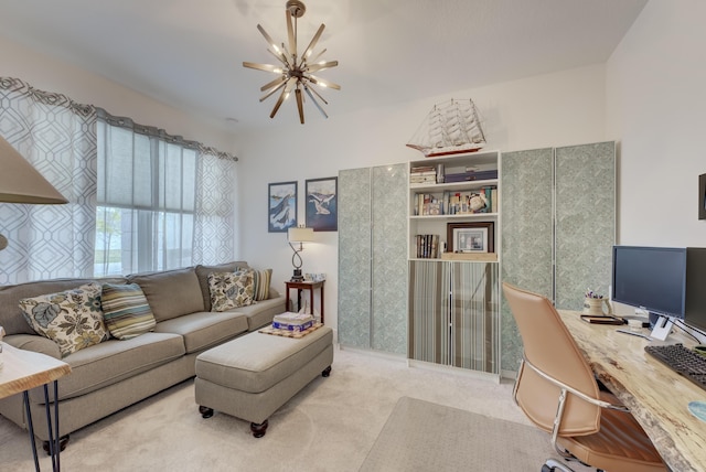 living room featuring light carpet and a chandelier