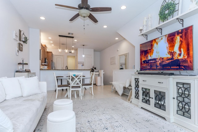 living room featuring ceiling fan