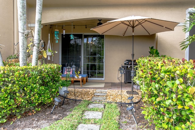 view of exterior entry featuring a patio