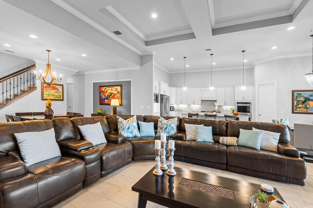 living room featuring a towering ceiling, coffered ceiling, crown molding, beam ceiling, and light tile patterned floors