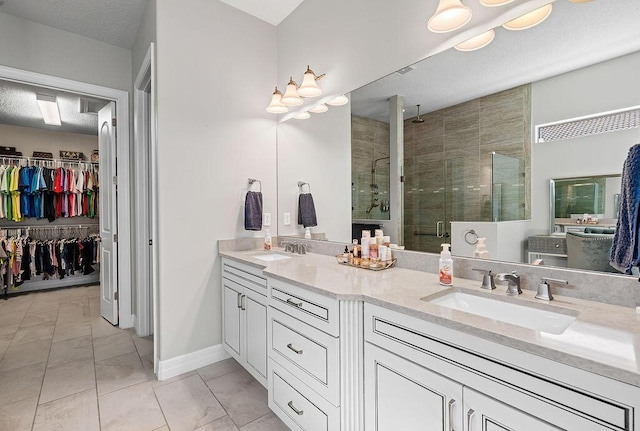 bathroom with double vanity, a spacious closet, a stall shower, and a sink