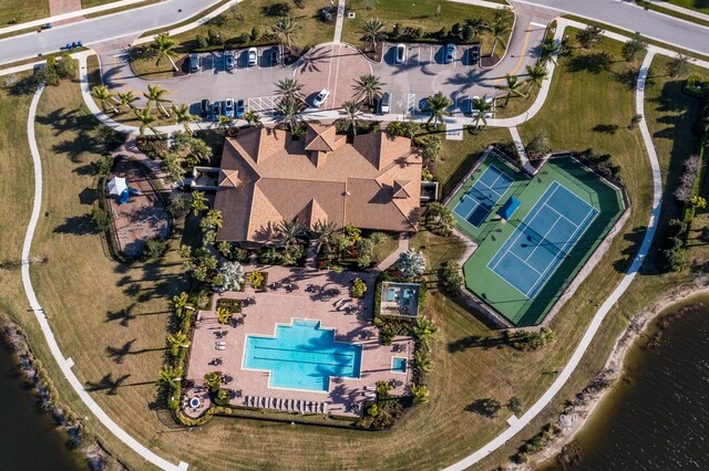 drone / aerial view featuring a water view