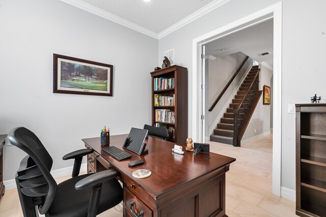 tiled office space with ornamental molding