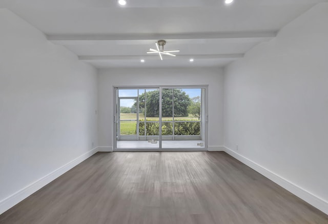 unfurnished room featuring beamed ceiling, hardwood / wood-style floors, and ceiling fan