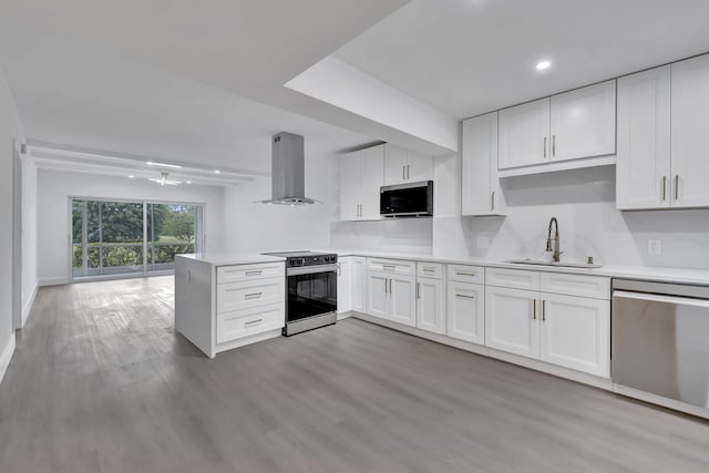 kitchen featuring white cabinetry, appliances with stainless steel finishes, sink, and island range hood