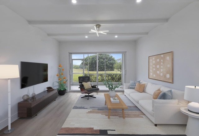 living room featuring recessed lighting, beam ceiling, and wood finished floors