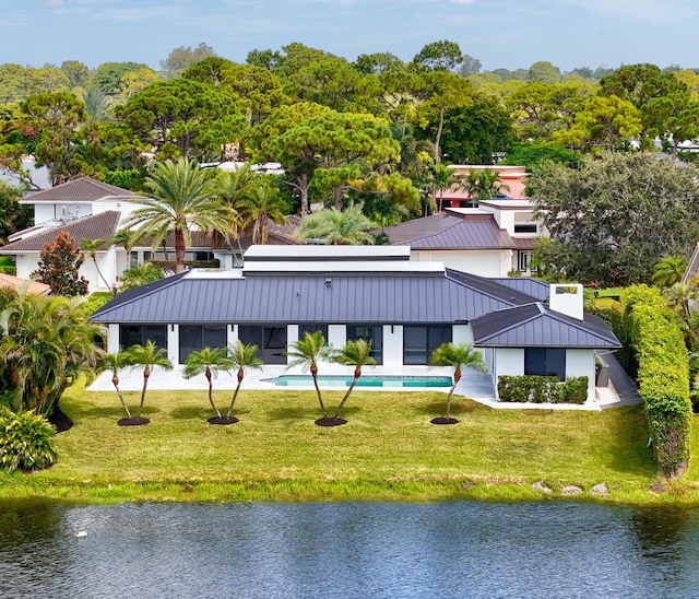 aerial view featuring a water view