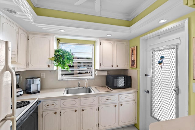 kitchen with white appliances, sink, and ornamental molding