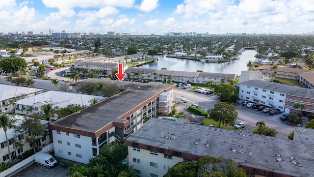 bird's eye view with a water view