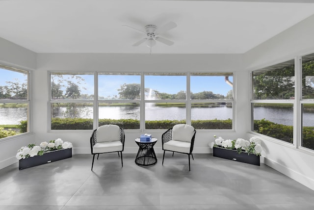 sunroom / solarium featuring ceiling fan and a water view