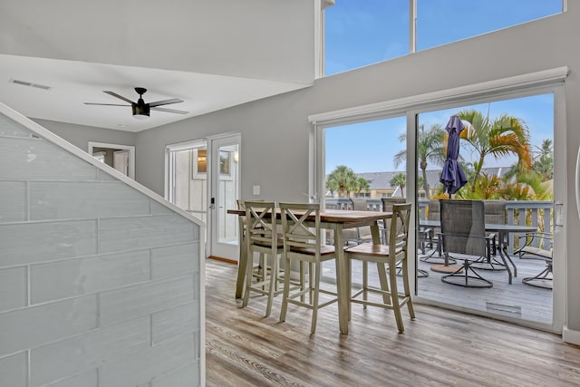 dining area featuring ceiling fan and wood-type flooring