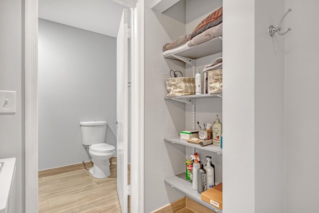 bathroom featuring wood-type flooring and toilet