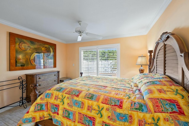 bedroom with wood-type flooring, ceiling fan, and crown molding