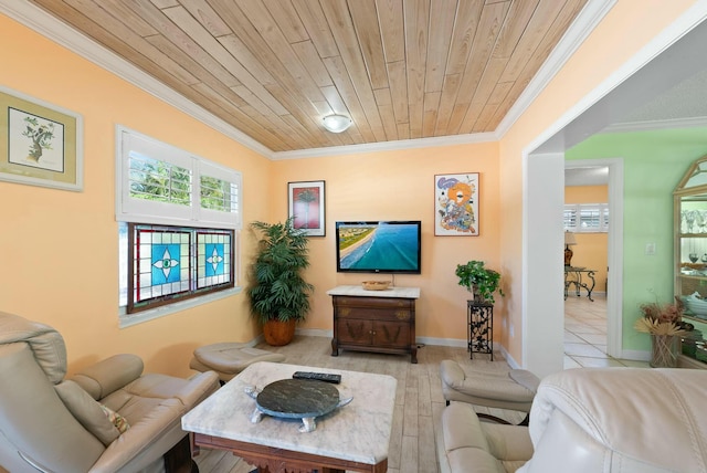 living room featuring wooden ceiling and crown molding