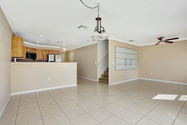 901 SW 15th St, Deerfield Beach, FL 33441 - unfurnished living room featuring a ceiling fan, stairway, recessed lighting, light tile patterned flooring, and ornamental molding