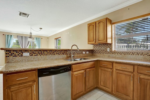 kitchen featuring light tile patterned flooring, dishwasher, sink, light stone counters, and crown molding