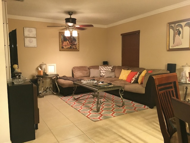 living room featuring ceiling fan, light tile patterned floors, and ornamental molding