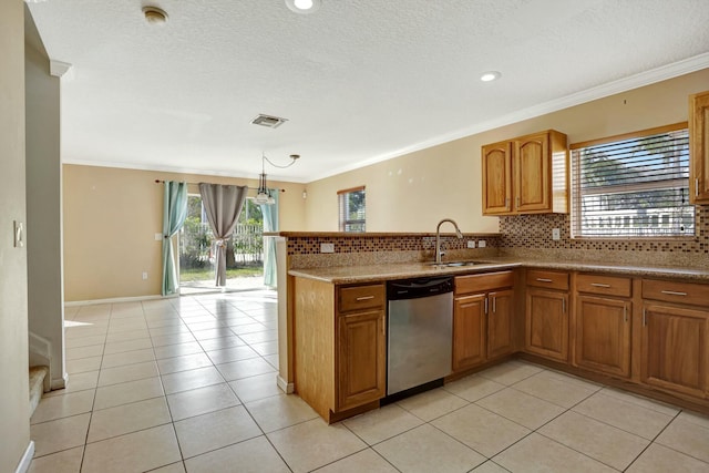 901 SW 15th St, Deerfield Beach, FL 33441 - kitchen featuring dishwasher, a sink, healthy amount of natural light, brown cabinetry, and crown molding